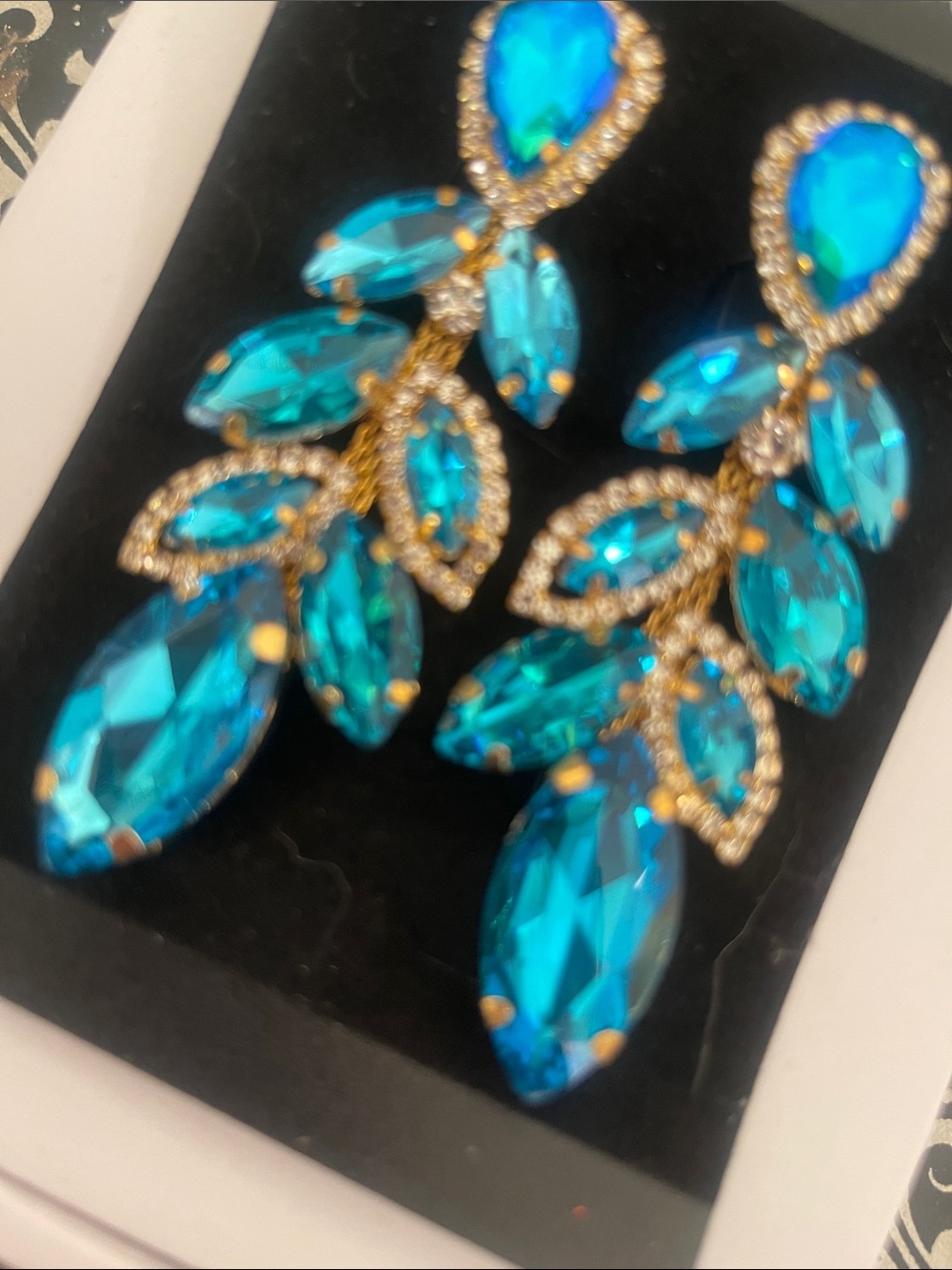 Gold-Tone Blue Crystal Drop Earrings - Statement Women Jewelry